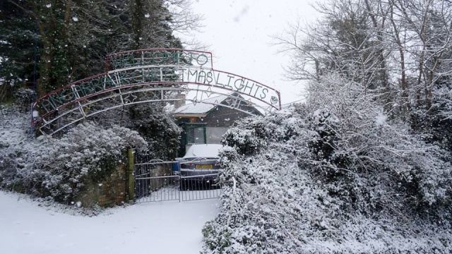 In the February snow at Angarrack Christmas Lights