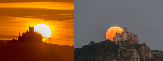 Sunrise and Moonrise on the same day. With the #HarvestMoon rising behind St Michaels mount in Cornwall this evening